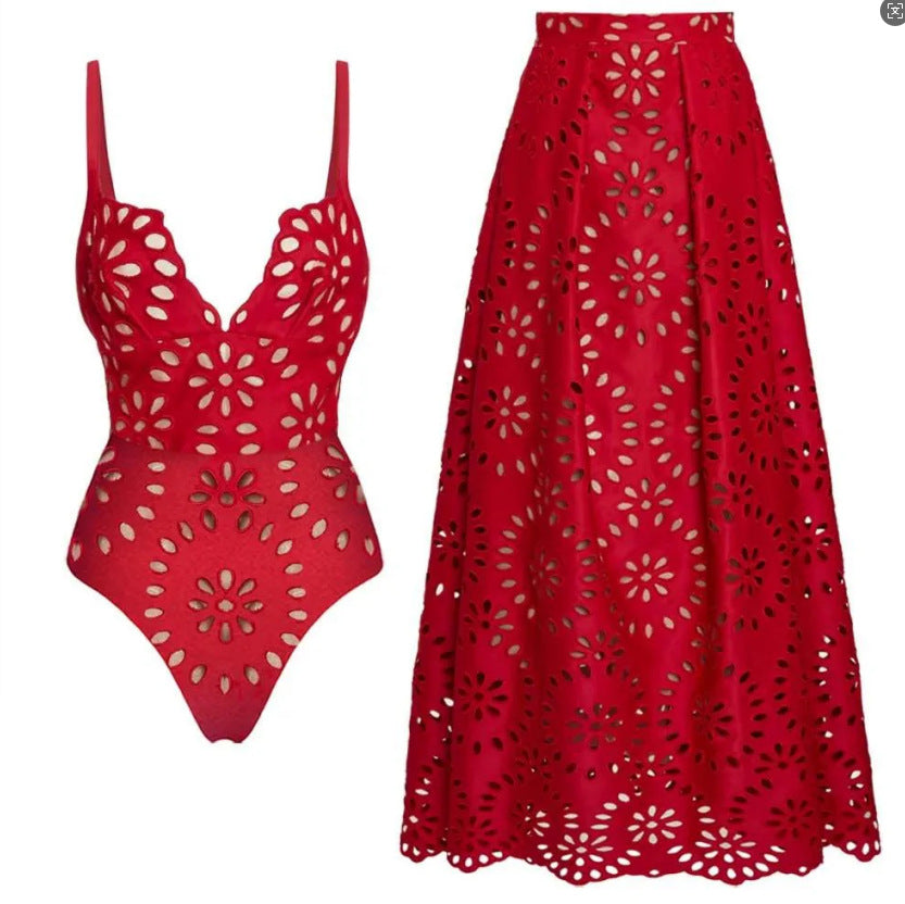 Laser Cut Swimsuit and Skirt