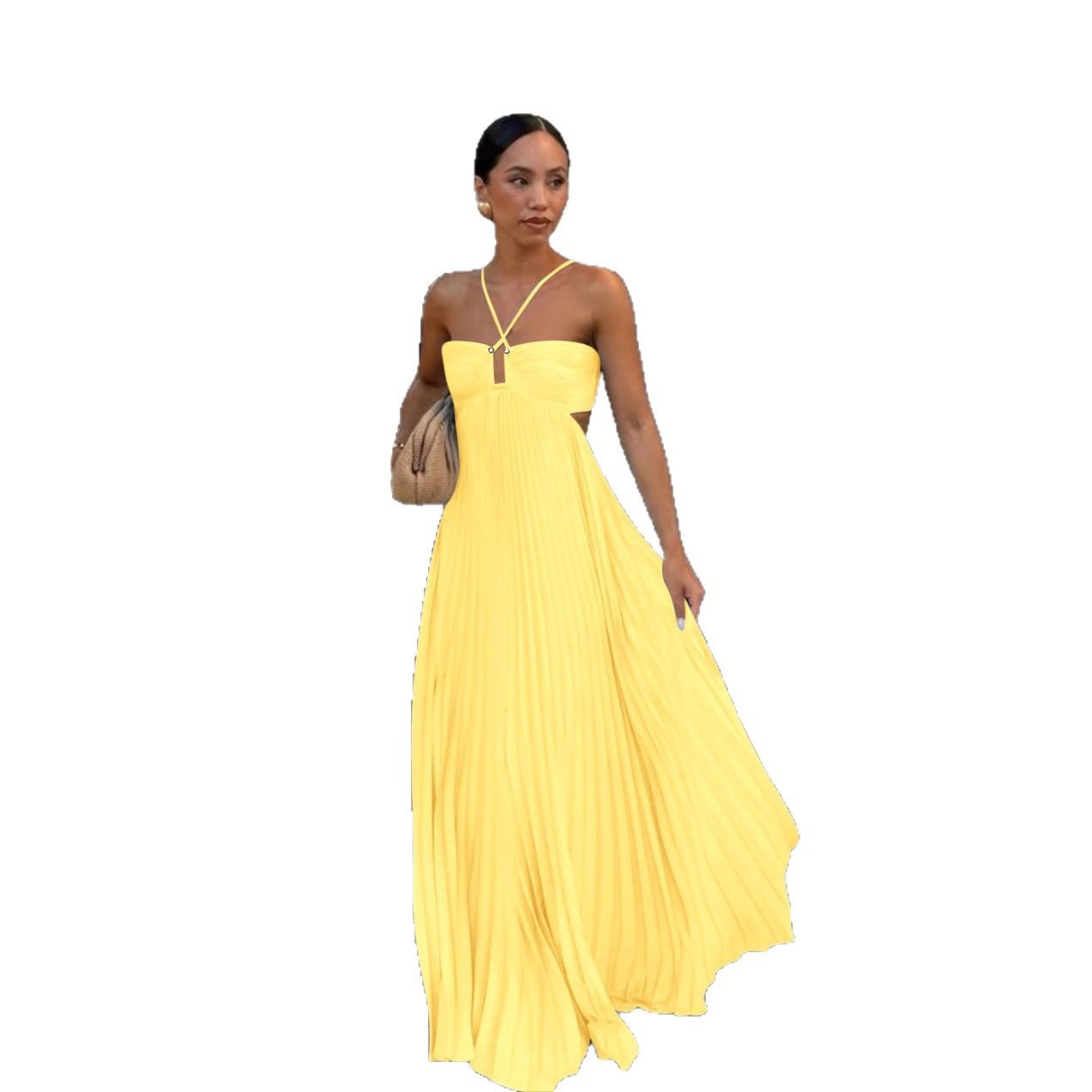 Ins Pleated Sleeveless Sling Dress Hollow High Waist Halter Robe Dresses For Evening Party Club Clothing Women