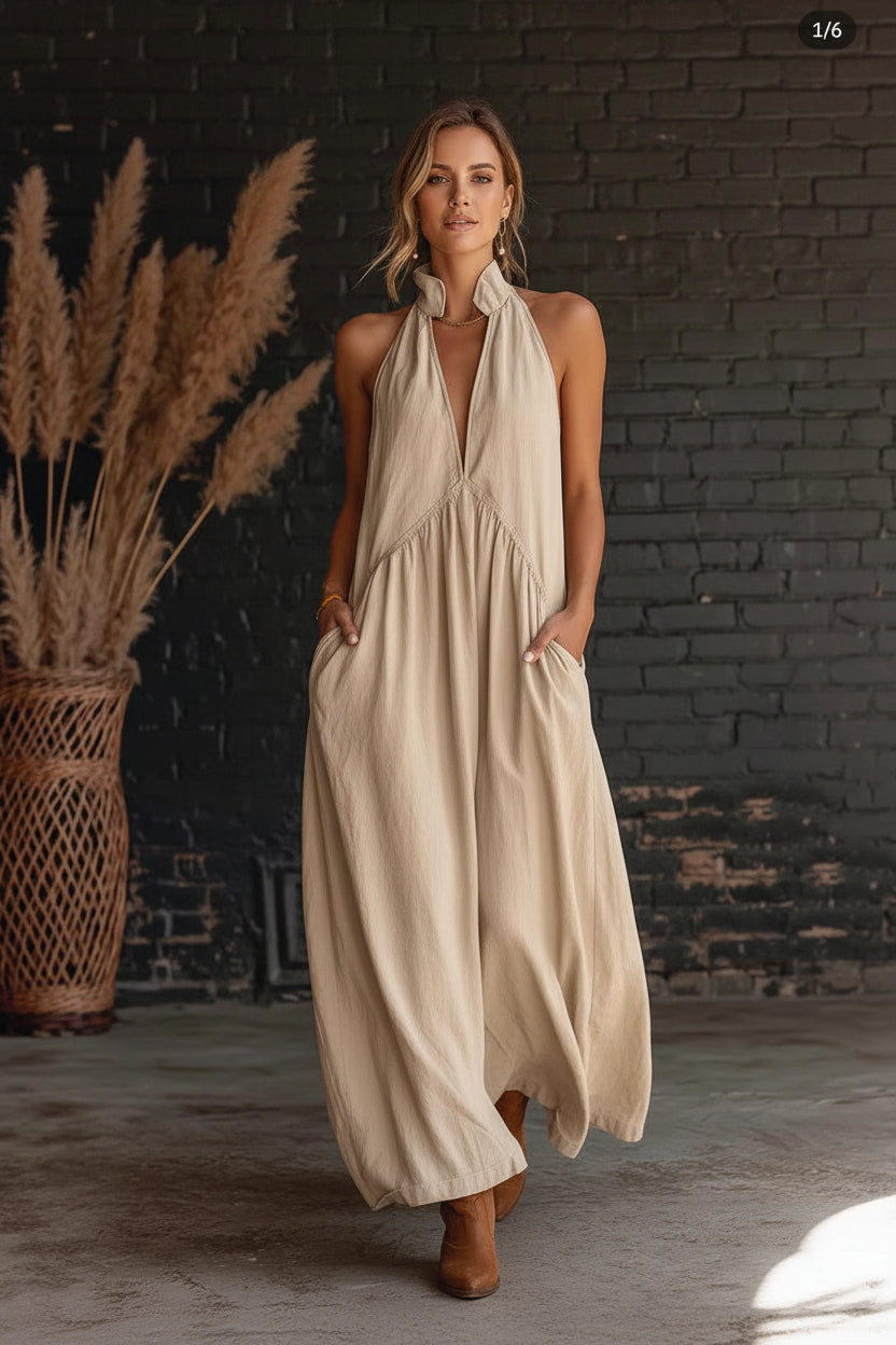 Elegant Resort-Style Mandarin-Collar Cotton-Linen Dress