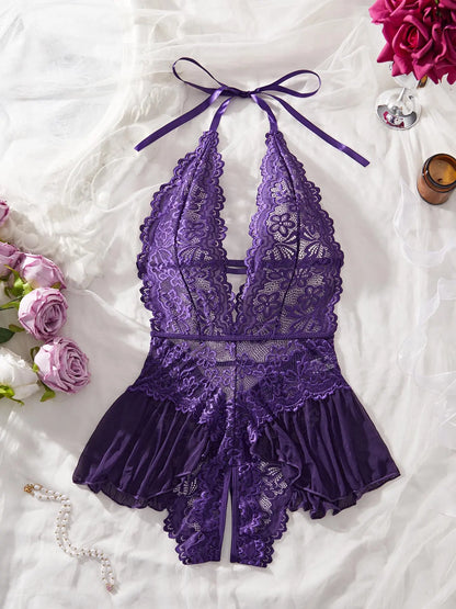 Women'S Sexy Open Thigh Fitted Lingerie, Fashion Tie Details, Lace Decoration, Lightweight Fabric, Sleeveless, All Seasons, Romantic Gift