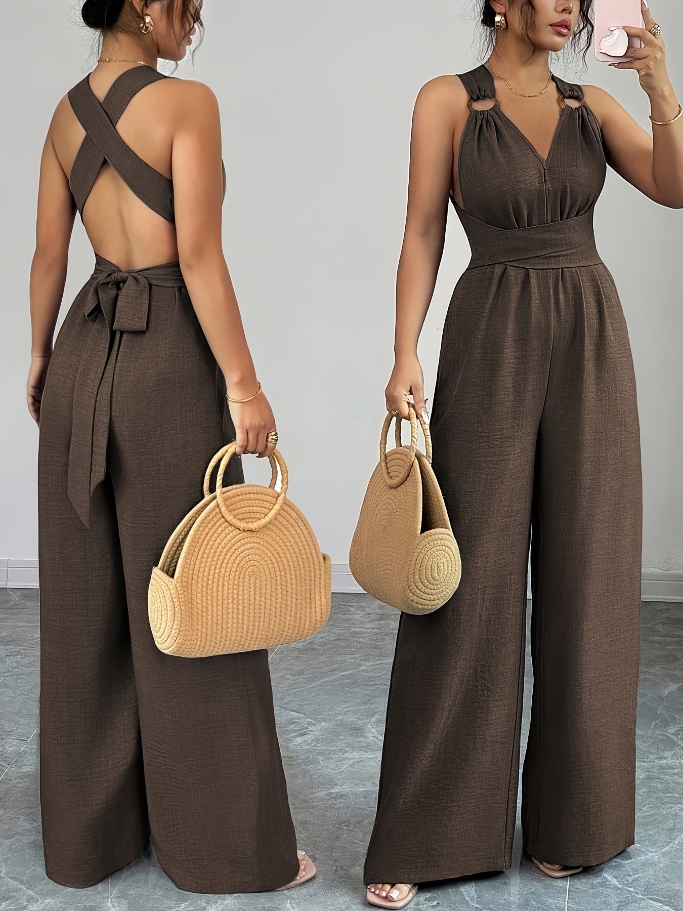 Eleganter Damen-Jumpsuit mit V-Ausschnitt und Gürtel in der Taille