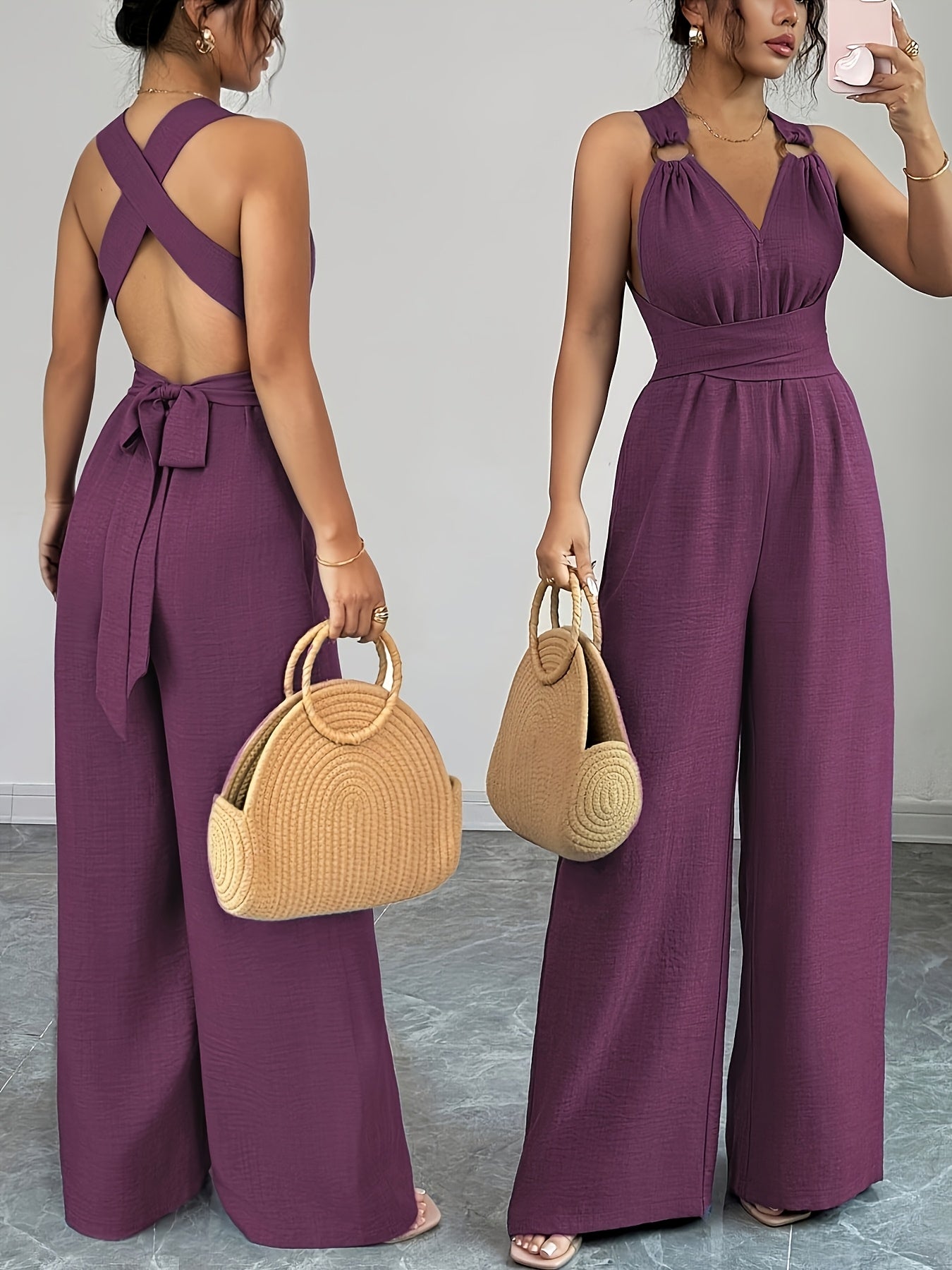 Eleganter Damen-Jumpsuit mit V-Ausschnitt und Gürtel in der Taille