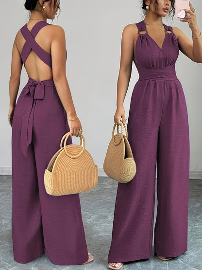 Eleganter Damen-Jumpsuit mit V-Ausschnitt und Gürtel in der Taille