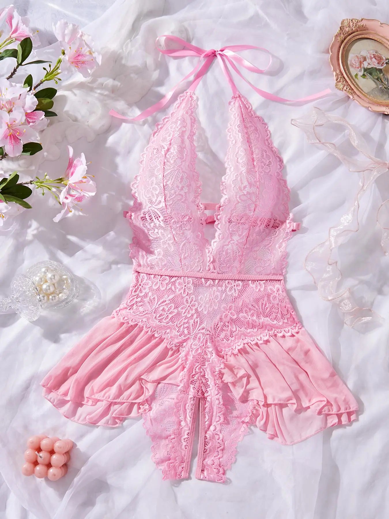 Women'S Sexy Open Thigh Fitted Lingerie, Fashion Tie Details, Lace Decoration, Lightweight Fabric, Sleeveless, All Seasons, Romantic Gift