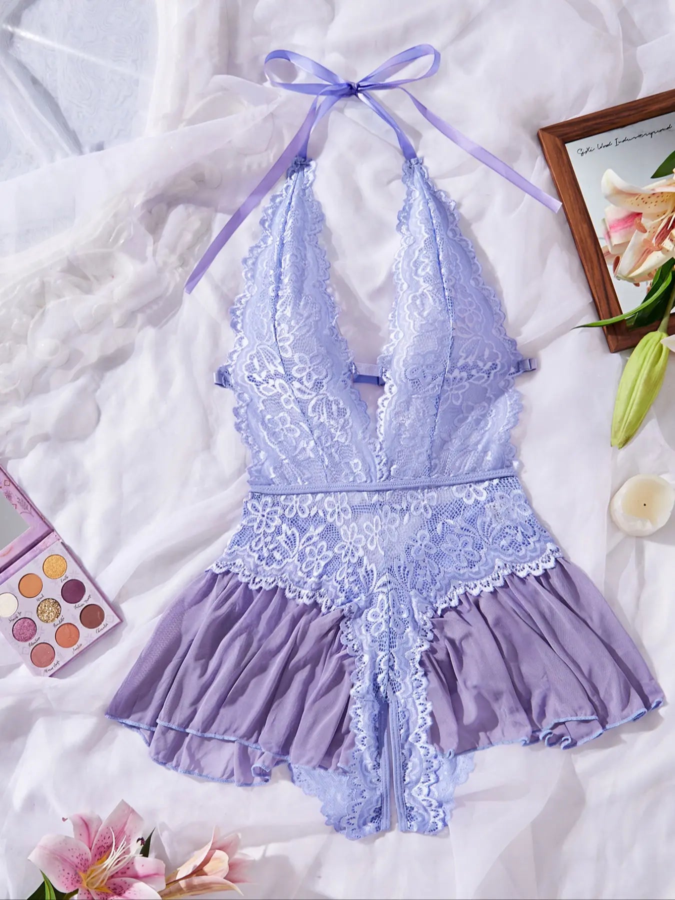 Women'S Sexy Open Thigh Fitted Lingerie, Fashion Tie Details, Lace Decoration, Lightweight Fabric, Sleeveless, All Seasons, Romantic Gift
