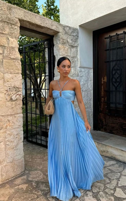 Ins Pleated Sleeveless Sling Dress Hollow High Waist Halter Robe Dresses For Evening Party Club Clothing Women
