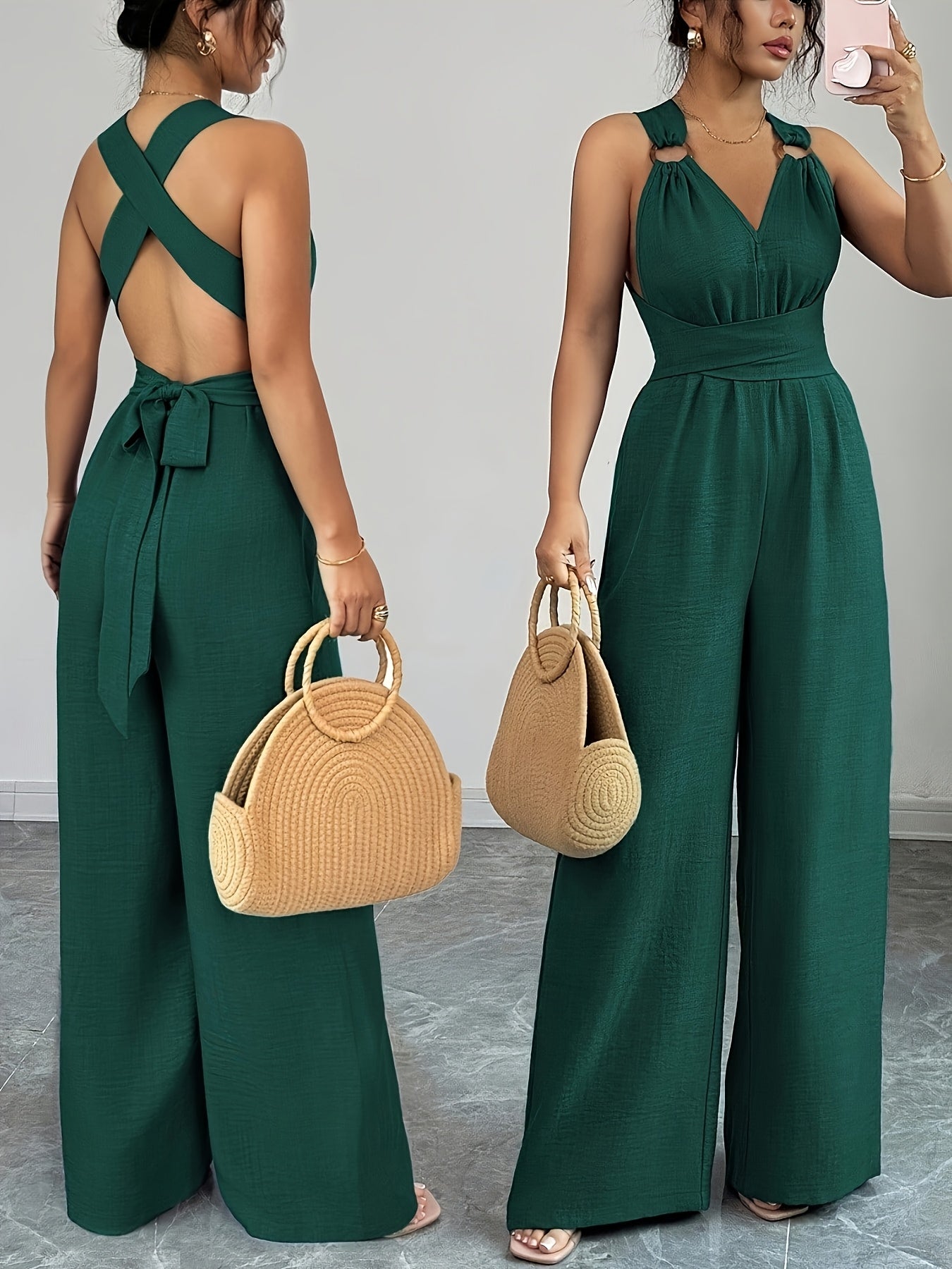 Eleganter Damen-Jumpsuit mit V-Ausschnitt und Gürtel in der Taille