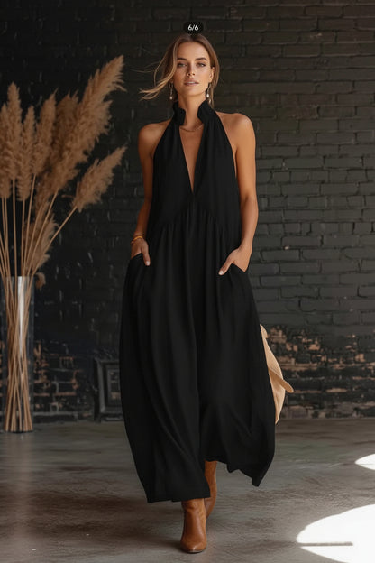 Elegant Resort-Style Mandarin-Collar Cotton-Linen Dress