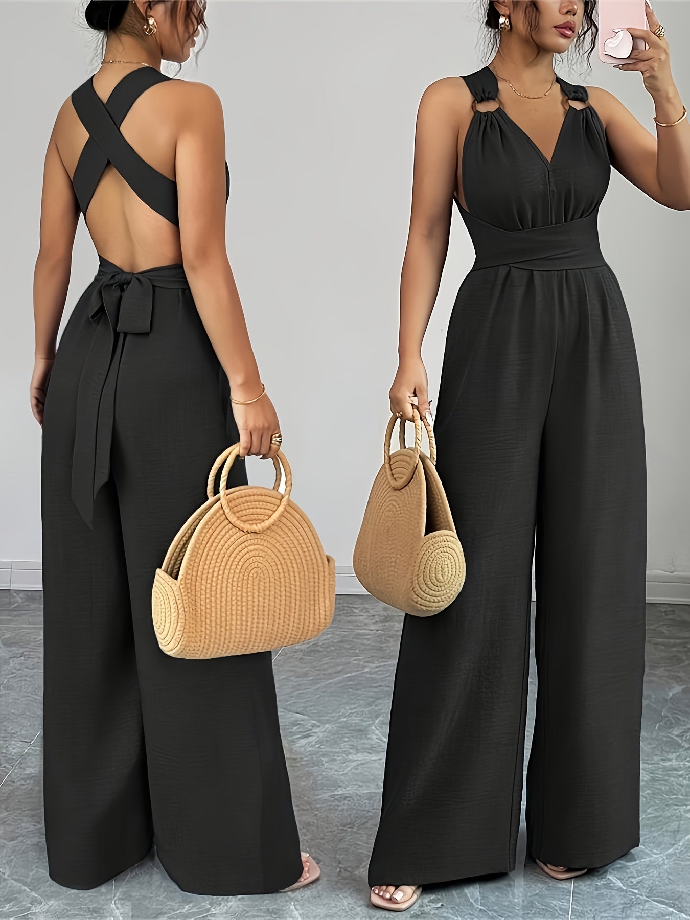 Eleganter Damen-Jumpsuit mit V-Ausschnitt und Gürtel in der Taille