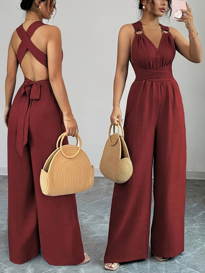 Eleganter Damen-Jumpsuit mit V-Ausschnitt und Gürtel in der Taille