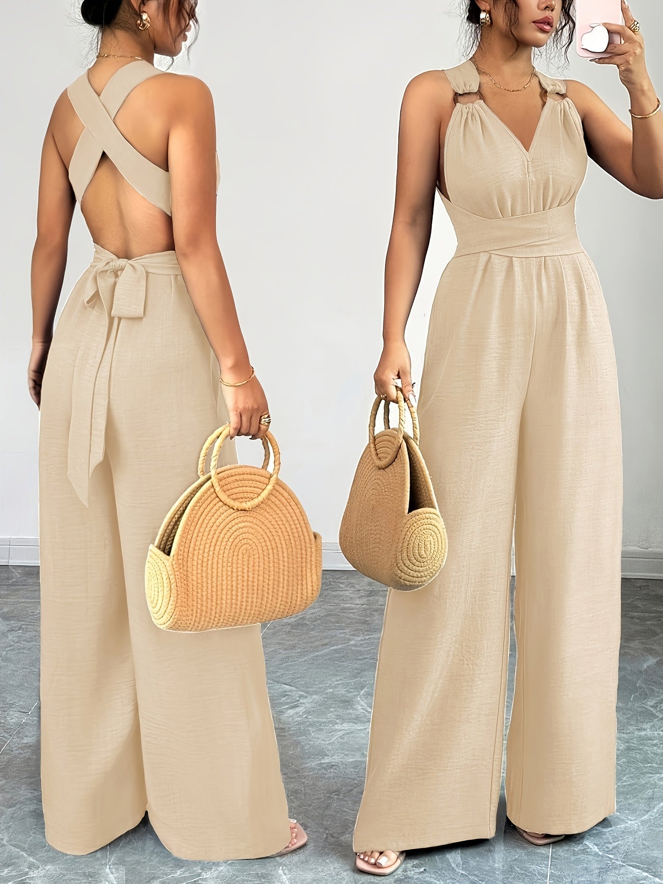 Eleganter Damen-Jumpsuit mit V-Ausschnitt und Gürtel in der Taille